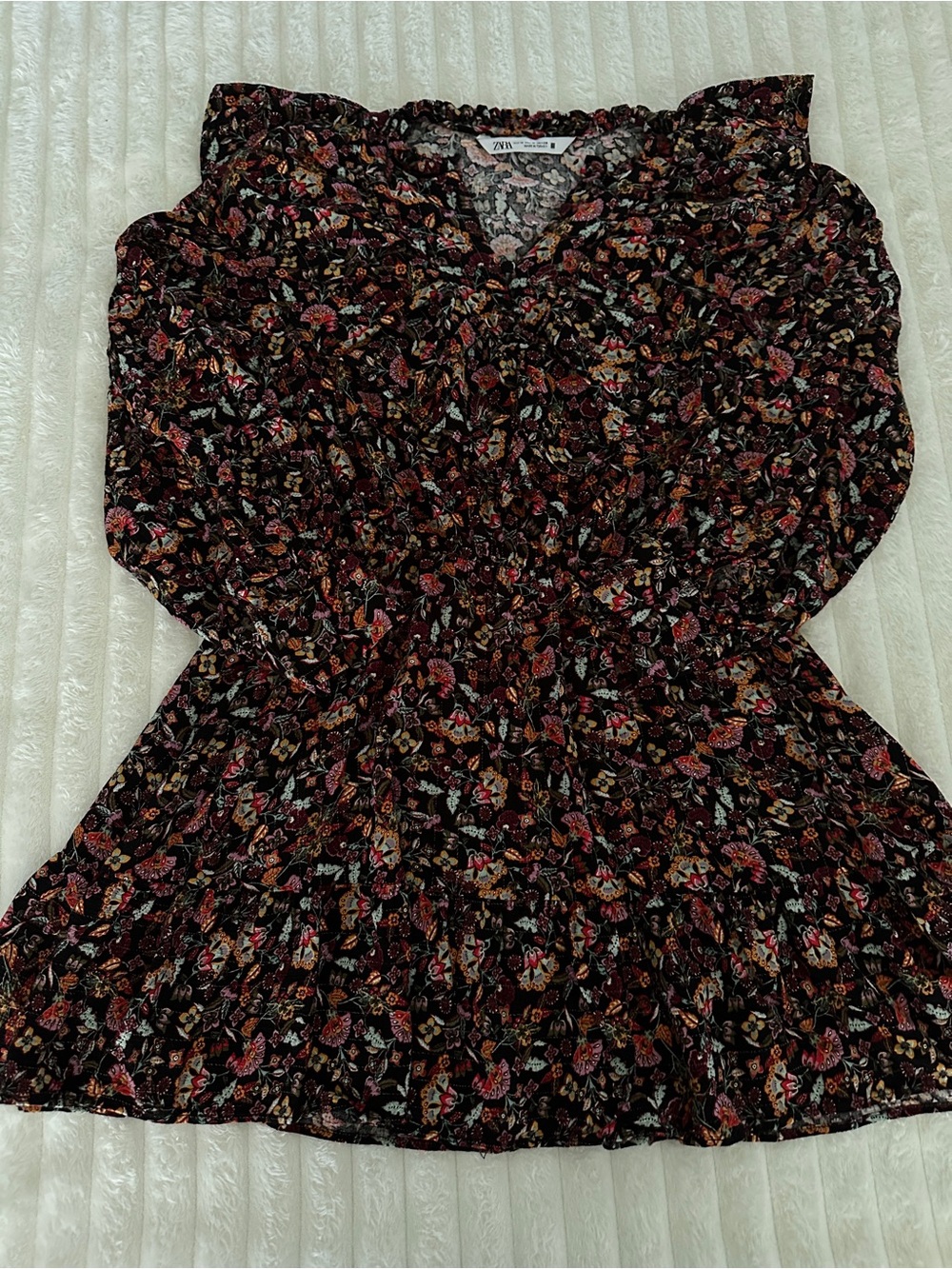 ZARA Black Floral Ruffle Long-Sleeve Mini Dress with Ruffled Collar - Picture 3 of 8